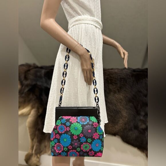 Chic Wood Frame & Leather Floral Print Clutch/Shoulder Bag/Crossbody - Picture 7 of 16